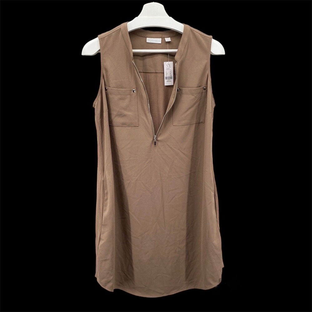 New York And Company Half Zip Sleeveless Shirt Dress Size Medium Brown